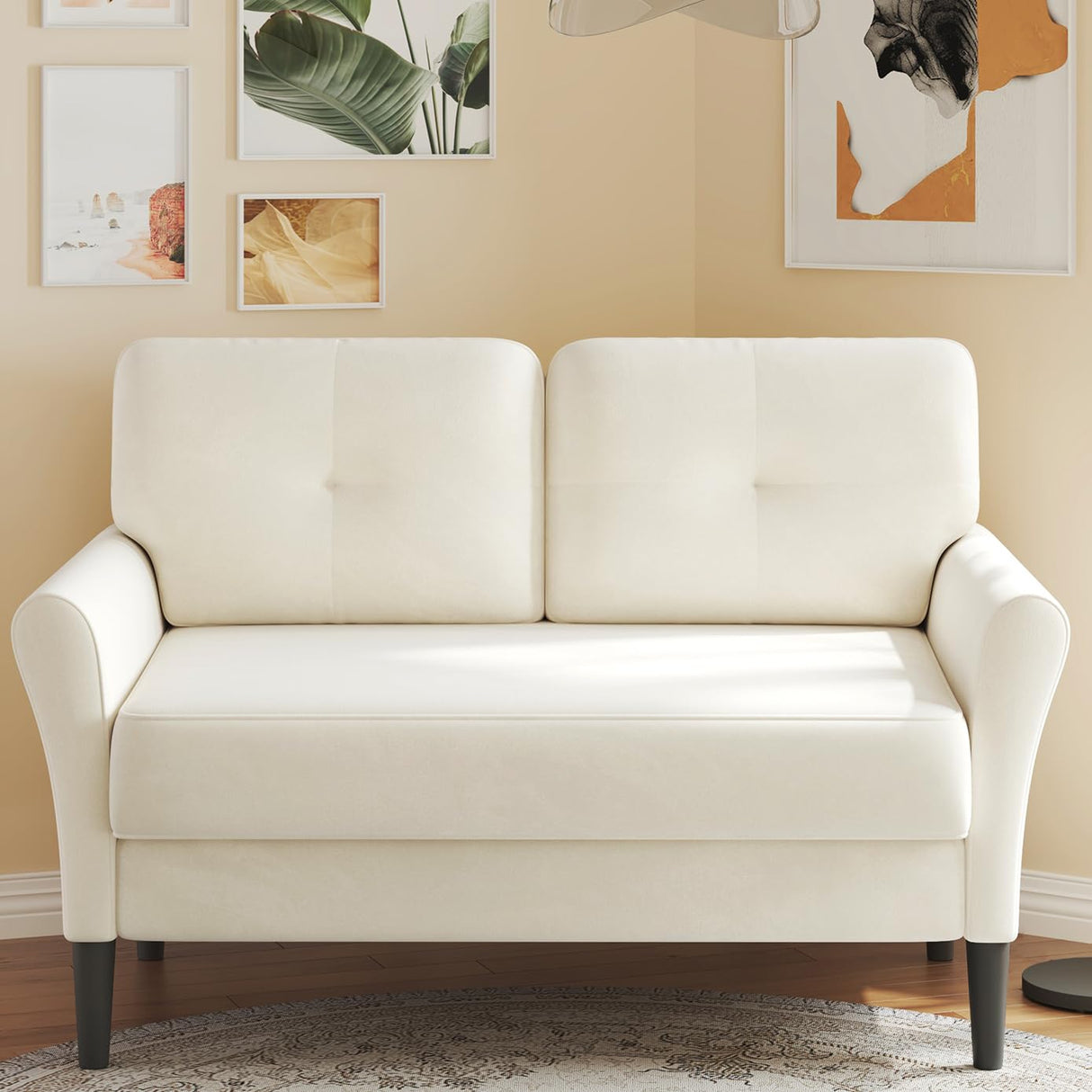 Kidirect 48" Loveseat Sofa, Small Couch for Bedroom, Comfy Love Seat with 21in Extra Deep Seats, 2 Seats Sofa Couch for Small Spaces, Apartment, Tool-Free Setup Mini Couch, Beige White Velvet Couch Kidirect