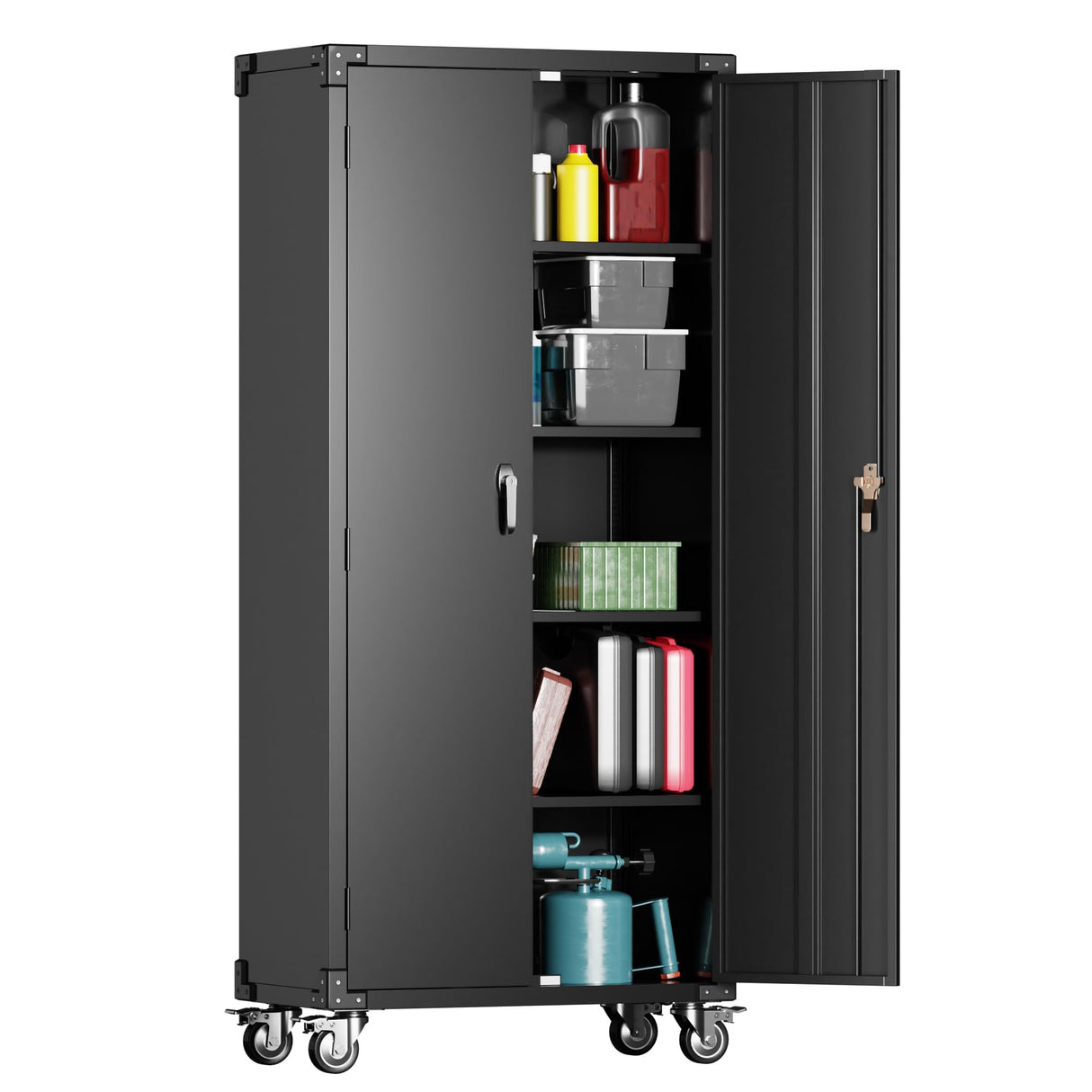 GangMei Black Metal Storage Cabinet with Wheels, 72'' Rolling Locking Garage Cabinet, 4 Adjustable Shelves, Utility Cabinet for Garage, shop, Home, Assemble Required GangMei