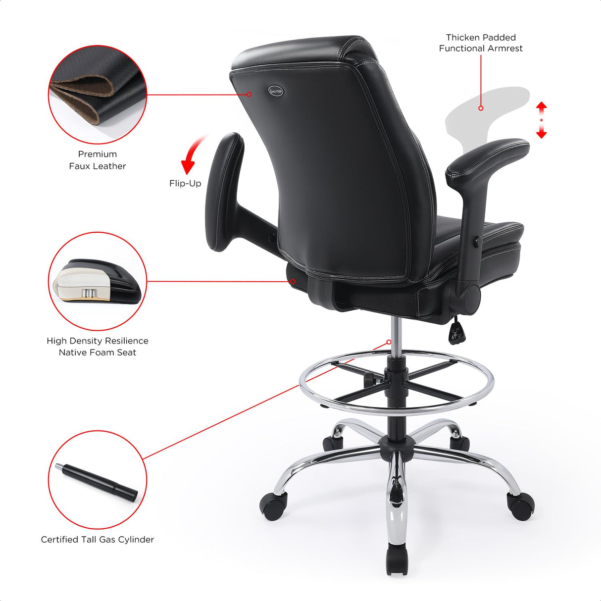 Ergonomic Mid-Back Premium Faux Leather Adjustable Drafting Chair with Multi-Function Arms and Foot Ring, Standing-Desk Matched Tall Swivel Computer Office Stool, Black CHAIRMAN