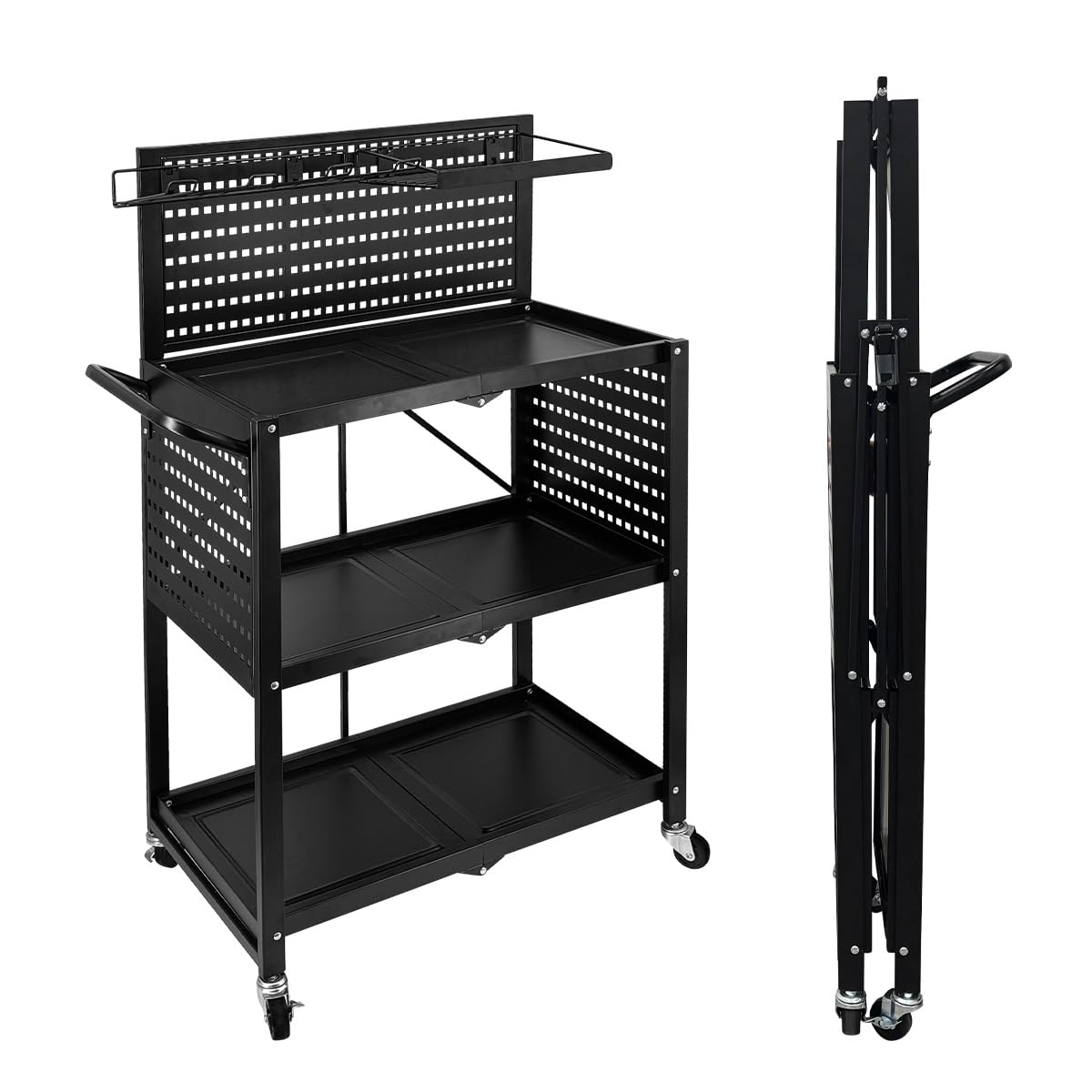 Lumizone 3-Tier Foldable Rolling Tool Cart with Wheels, Utility Cart with Pegboard for Garage Organizer and Tool Storage, Power Tool Storage Cart on Wheels (Tool Cart) lumizone