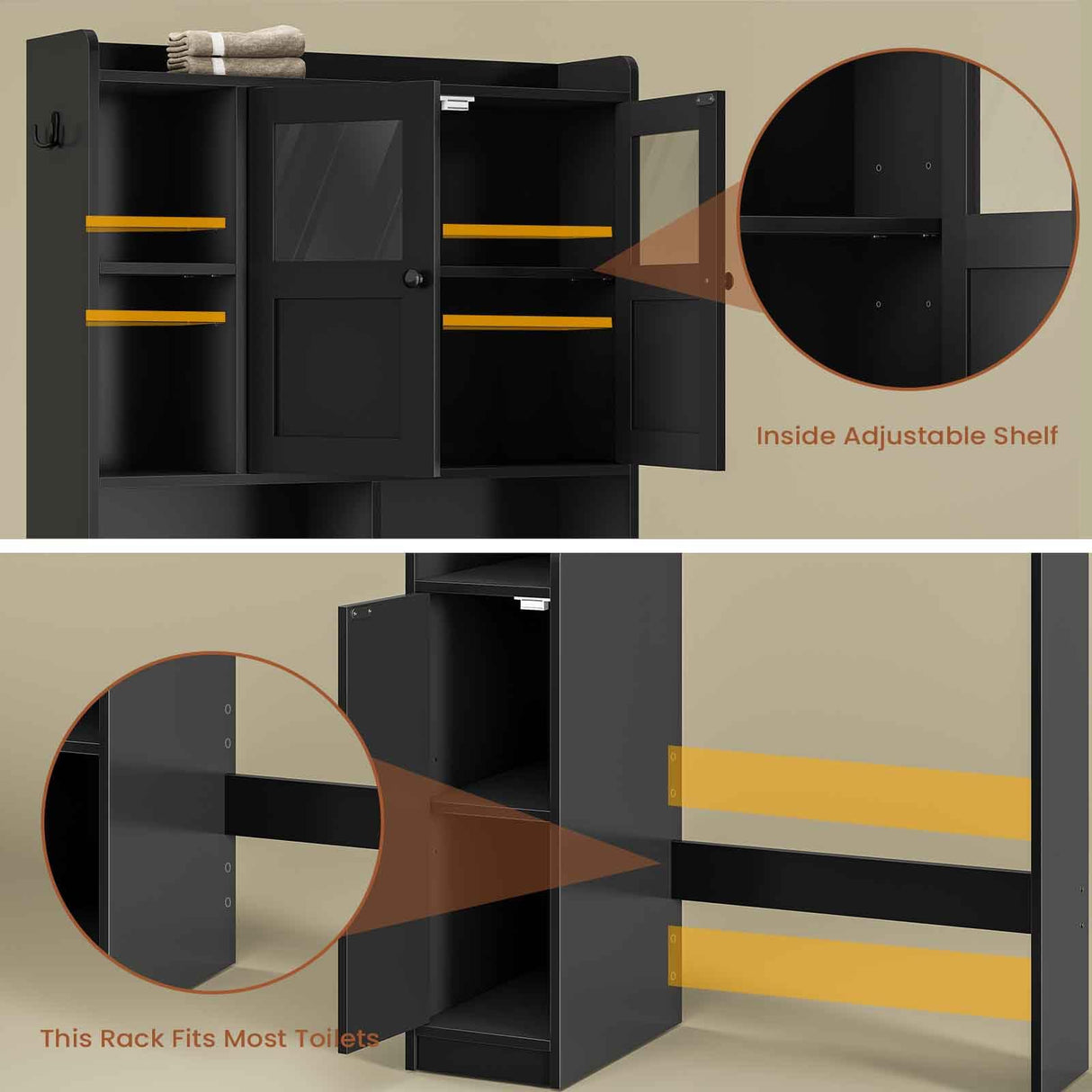 Itaar Over The Toilet Storage Cabinet, Over Toilet Bathroom Organizer with Glass Doors & Toilet Paper Holder Stand, Home Space-Saving Toilet Rack, for Bathroom, Restroom, Laundry(Black) Itaar