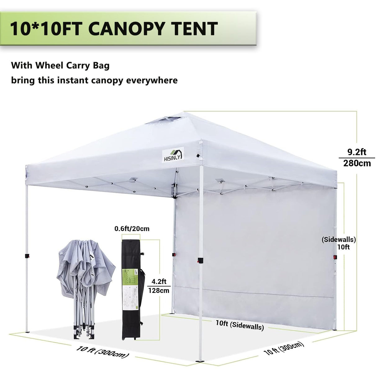 Hisinly 10x10ft Pop Up Canopy Tent with Removable Sidewall, Instant Shade Canopy with Vented Roof for Patio Outdoor Camping with Wheel-Bag, 4 Sand Bags, 8 Stakes Hisinly
