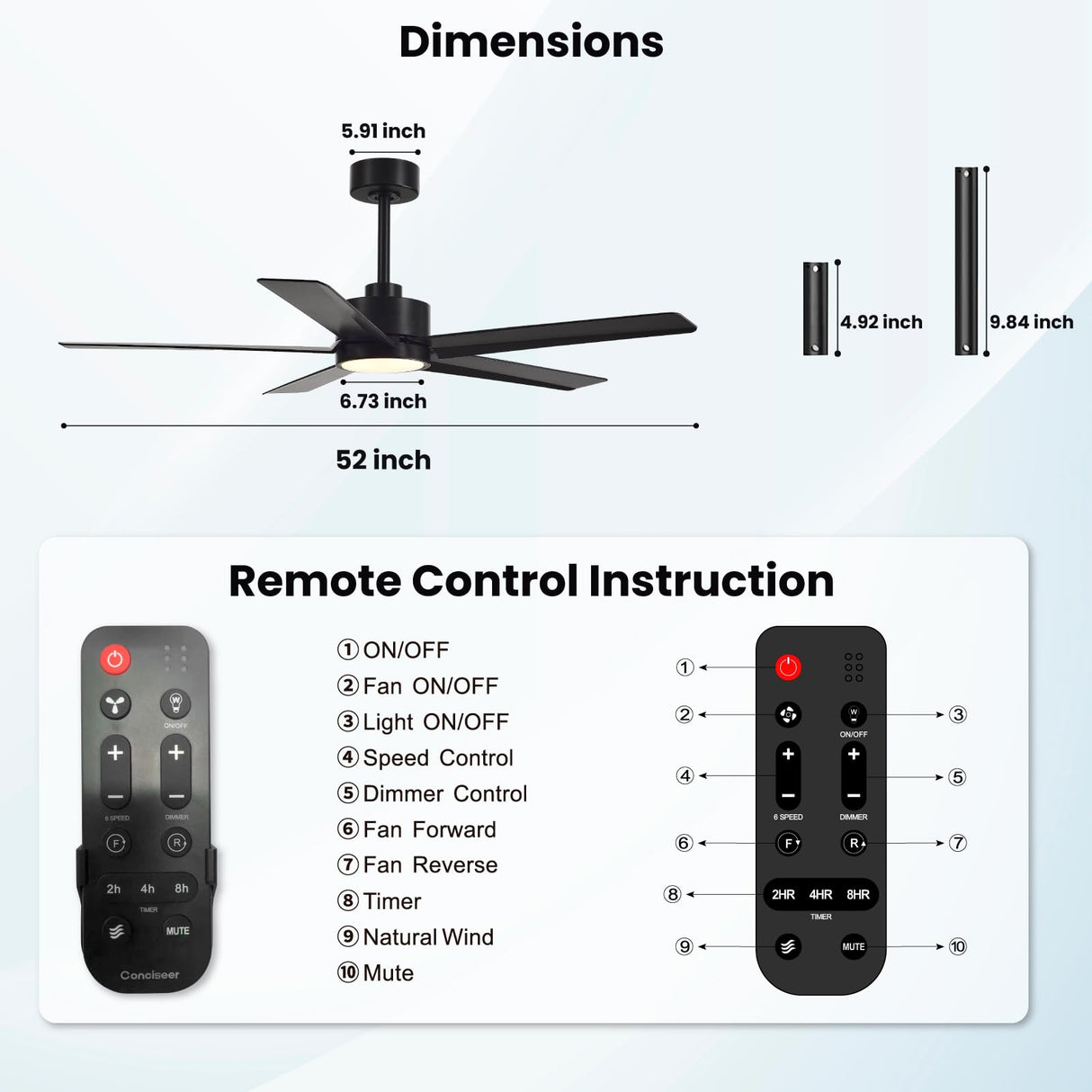 Conciseer Modern Ceiling Fans with Lights,52 Inch Ceiling Fans with Remote for Bedroom Living Room Kitchen, 18W 3CCT Dimmable,5 Blades 6 Speed Reversible Quiet DC Motor Black Conciseer