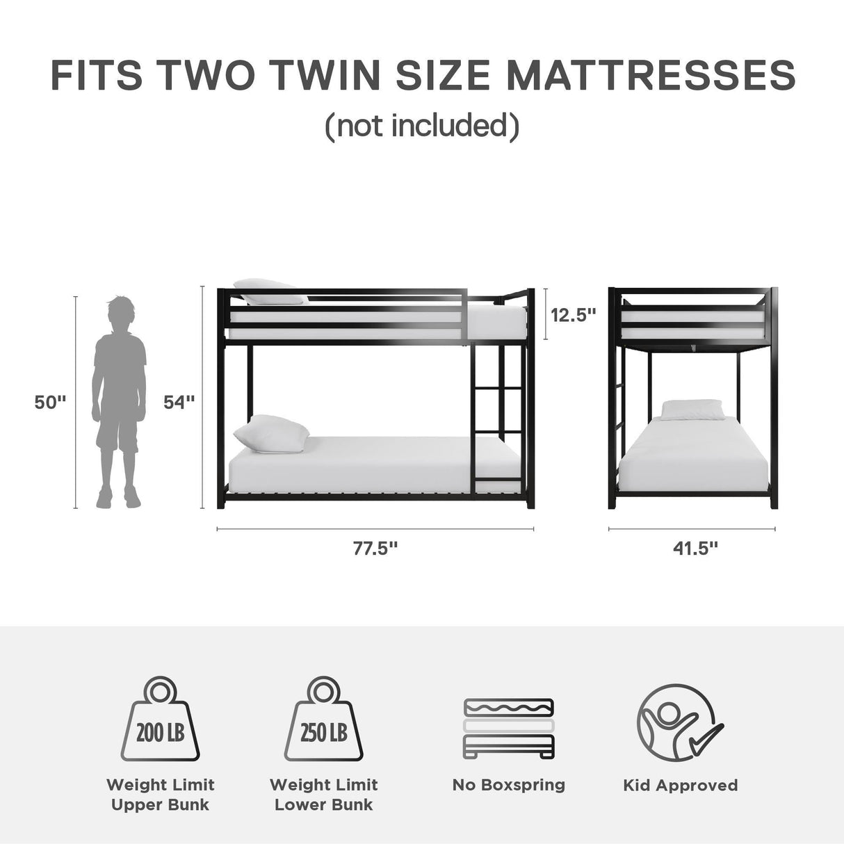 DHP Miles Low Metal Bunk Bed Frame for Kids, With Built-in Ladder, High Guardrail and Metal Slats, Floor Bed Bottom Bunk, No Boxspring Required, For Small Spaces, Twin-Over-Twin, Black DHP