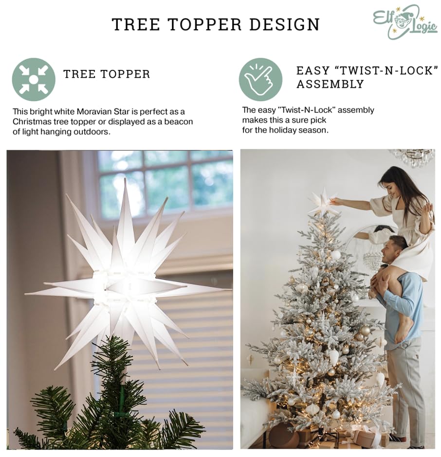 Elf Logic 21" Large Warm White LED Moravian Star - Hanging Outdoor Christmas Light - Use as Holiday Decoration, Porch Light, 3D Fixture, Advent Star, Wedding & Ballroom Venue Decor - Assembly Required Elf Logic