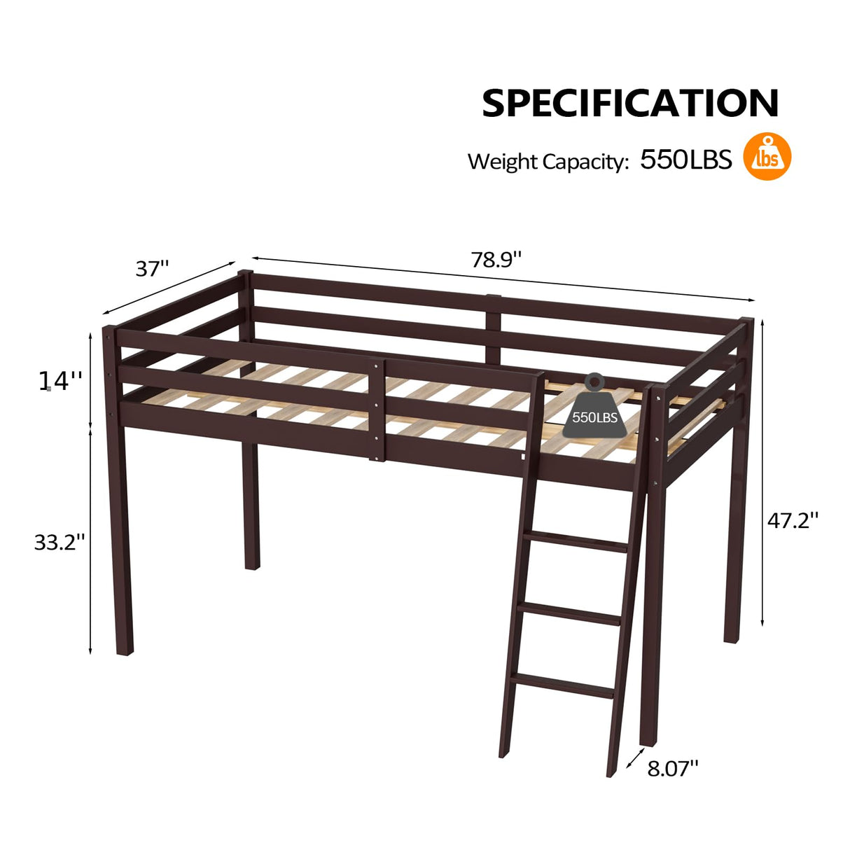 Bonnlo Espresso Twin Low Loft Bed with Inclined Stairs and High Guard Rail Bonnlo