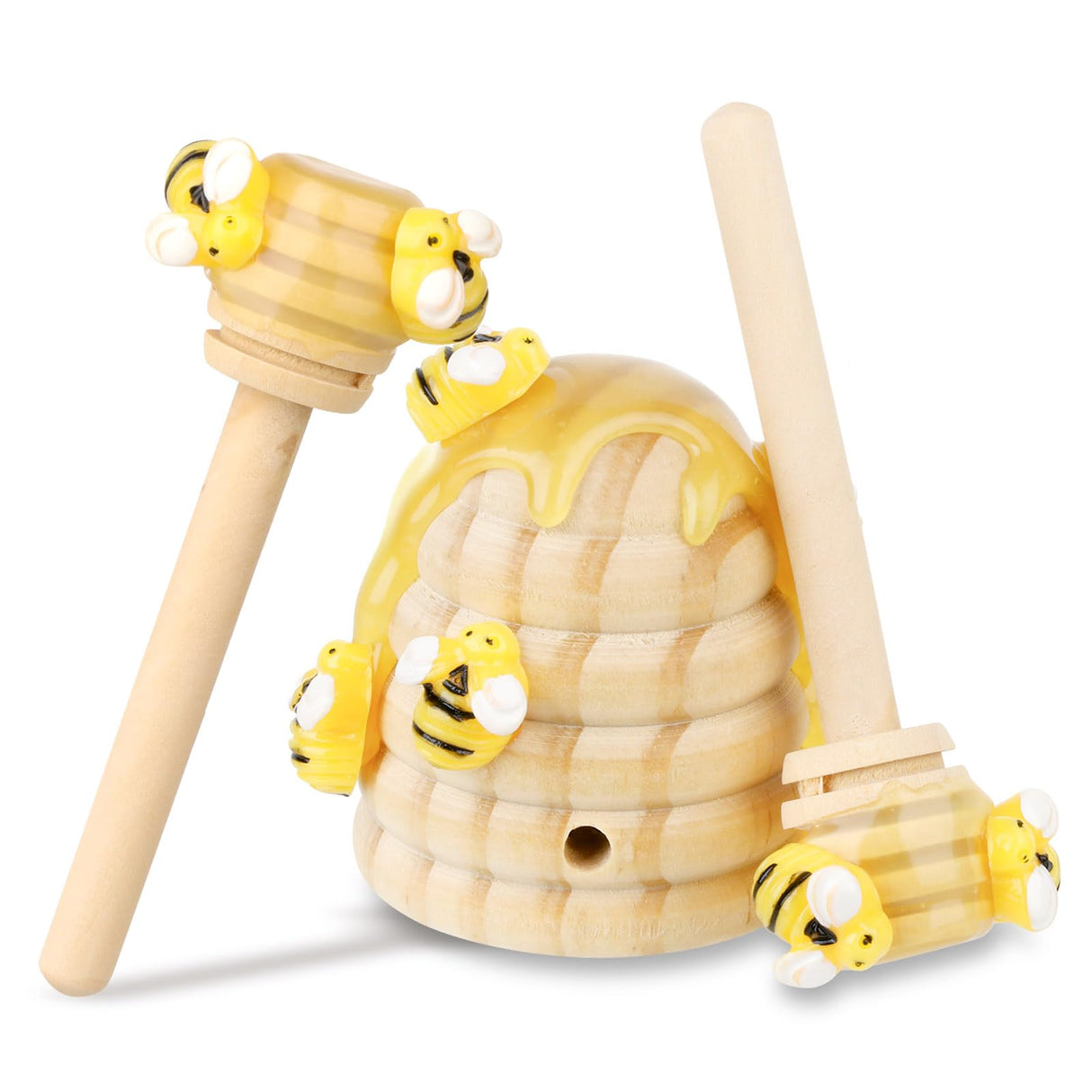 Honey Bee Spring Tiered Tray Decor, Bumblebee Party Decorations, Summer Farmhouse Beehive Decoration Set, 2 Mini Faux Bee Honey Dippers & 1 Fake Wooden Honeycomb Centerpiece, Bookshelf Table Decors WixiTool
