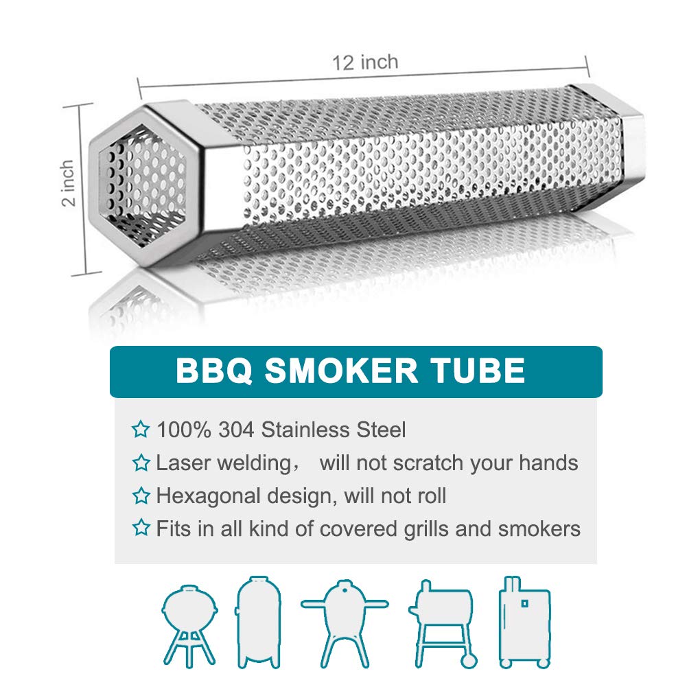 Aushucu 2pcs Smoker Tube 12in Pellet Smoker Tube Stainless Steel Smoke Tube for Hot or Cold Smoking 5 Hours of Billowing smoke Portable BBQ Smoking tube Generator Electric Charcoal Gas Grill Smoker aushucu