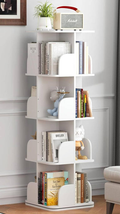 Rotating Bookshelf Tower, 4 Tier Small Spinning Corner Bookshelf for Small Spaces, 360 Display Kids Bookshelves Floor Standing Bookcase Storage Rack Wood Book Shelf Organizer for Bedroom Room, White