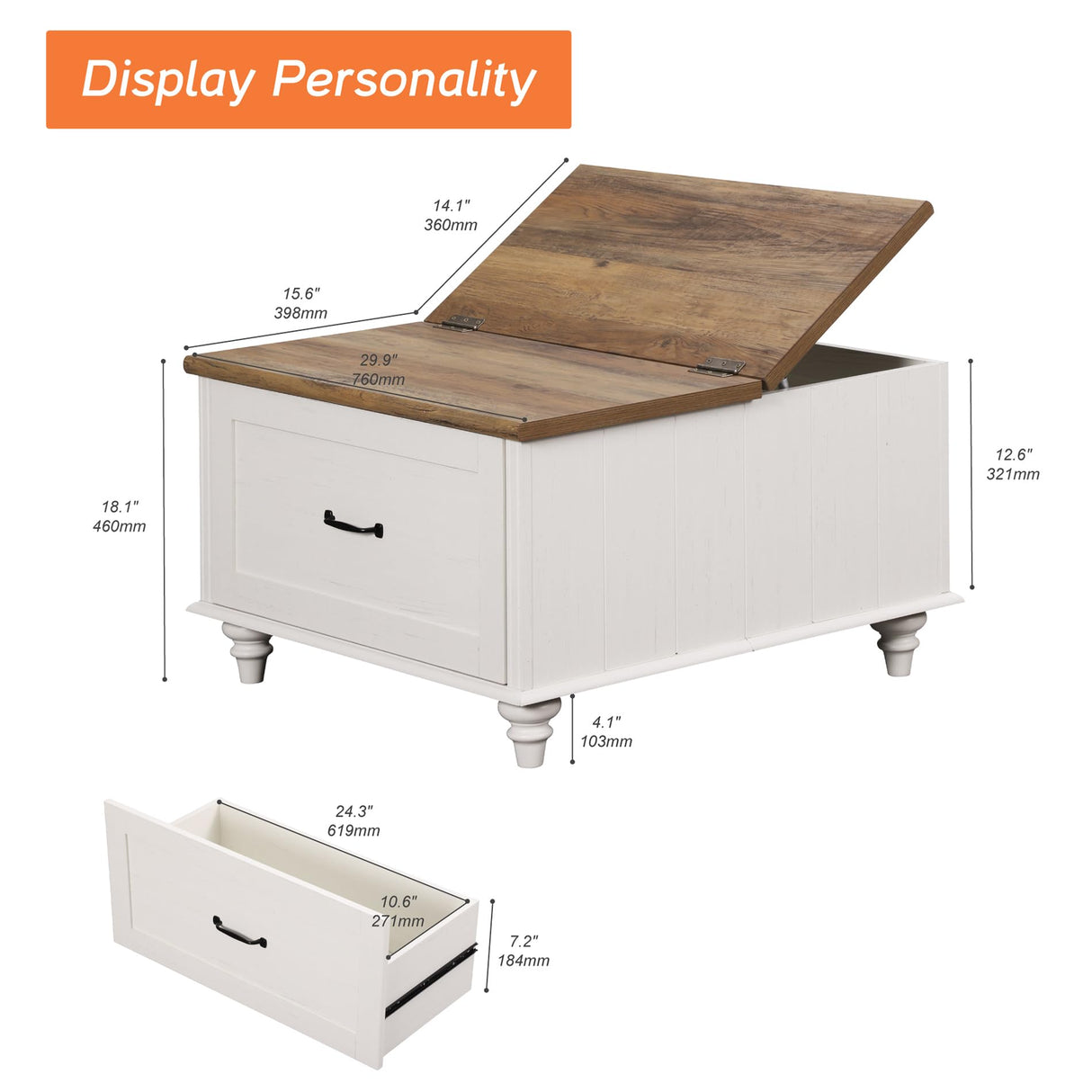 WAMPAT White Coffee Table with Lift Top & Drawer, Square Wood Center Table with Hidden Storage Compartment, Farmhouse Coffee Table for Living Room, 30 Inch WAMPAT