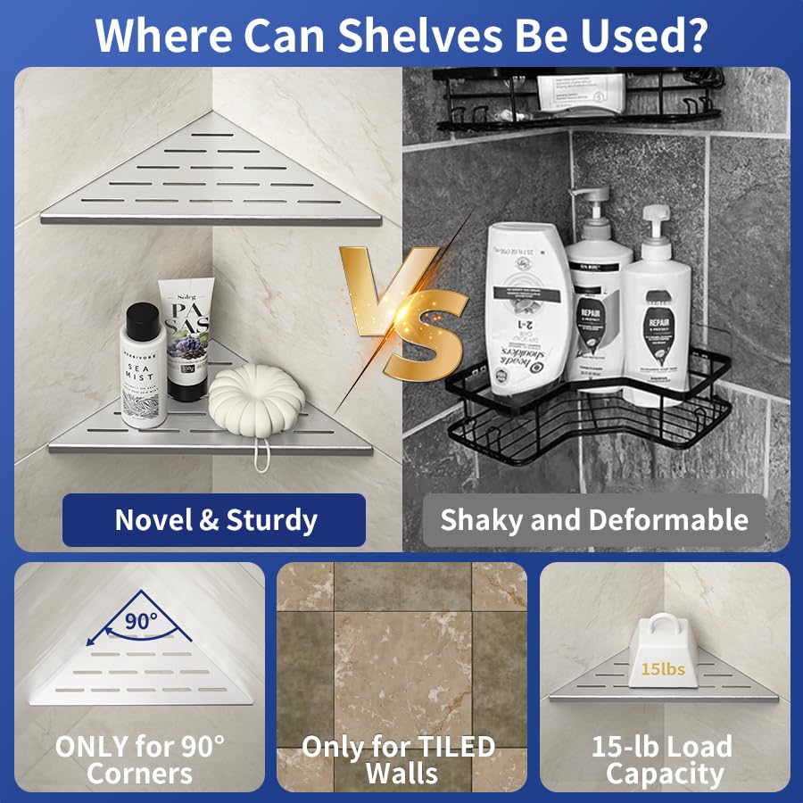 Bernkot Corner Shower Shelf 10", Brushed 304 Stainless Steel Slot Design Recessed Corner Shelves Bathroom Grout in Shelf for Tiled Wall, 2 Pack Bernkot