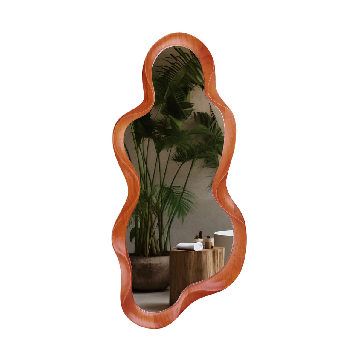 osemy 48"x 22" Irregular Wall Mirror, Walnut Wood Framed Wall Mirror, Asymmetrical Wall Wavy Mirror for Living Room Bedroom Entryway Bathroom Modern Decorative Mirror with Hanging Hooks osemy