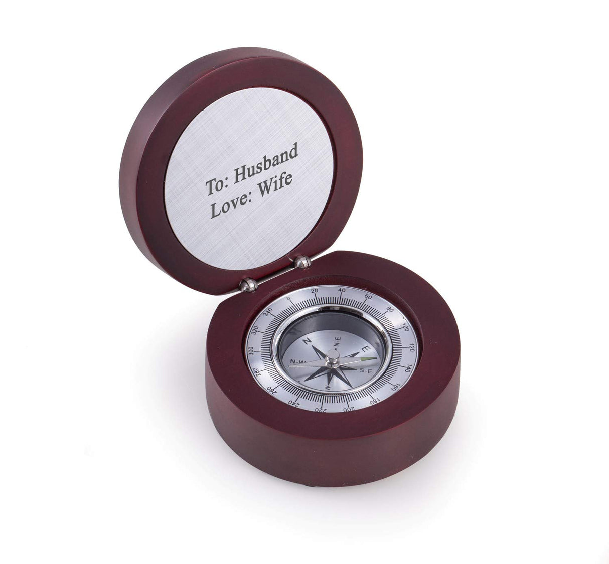 Custom Personalized Compass in Rosewood Finished, Hinged Box with Aluminum Plate and Accents. Bey-Berk