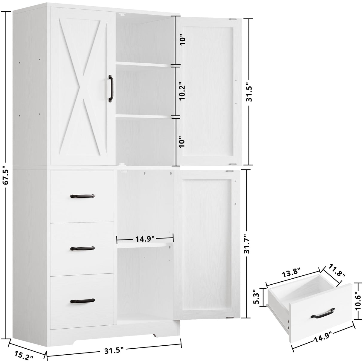 IRONCK Pantry Cabinet, 67.5 inch Tall Storage Cabinet with 3 Doors & Drawers, Farmhouse Kitchen Cabinet with Adjustable Shelves, 5 Tier Freestanding Cupboard for Kitchen IRONCK