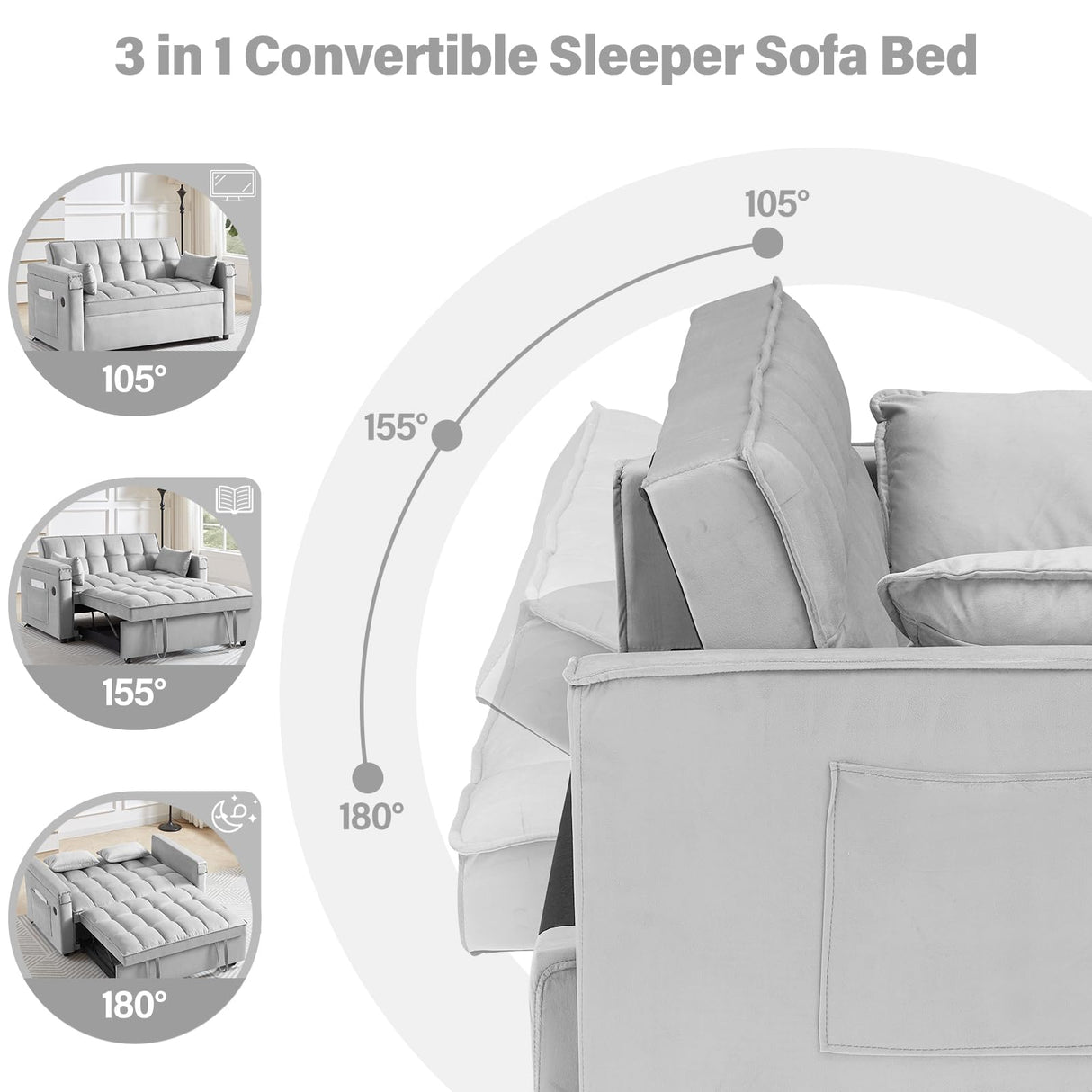 Convertible Sofa Bed,3-in-1 Velvet Sleeper Couch Pull-Out Bed,55'' Loveseat Sleeper Sofa Bed with Adjustable Backrest with 2 Pillows and Storage Bag & USB Port and Hidden Side Computer Table,Gray WIIS' IDEA