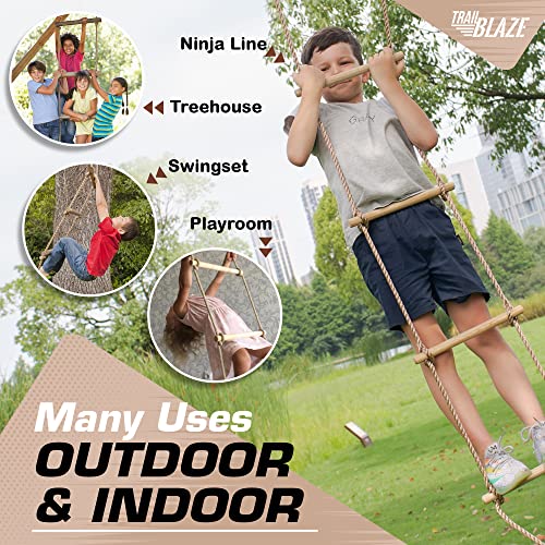 Wooden Climbing Rope Ladder for Kids - Kids Ninja Warrior Obstacle Course Accessories | Playset Rope Ladder for Swing Set Treehouse Bunkbed | Playground Ninja Obstacles Swing Rope Ladder Trailblaze