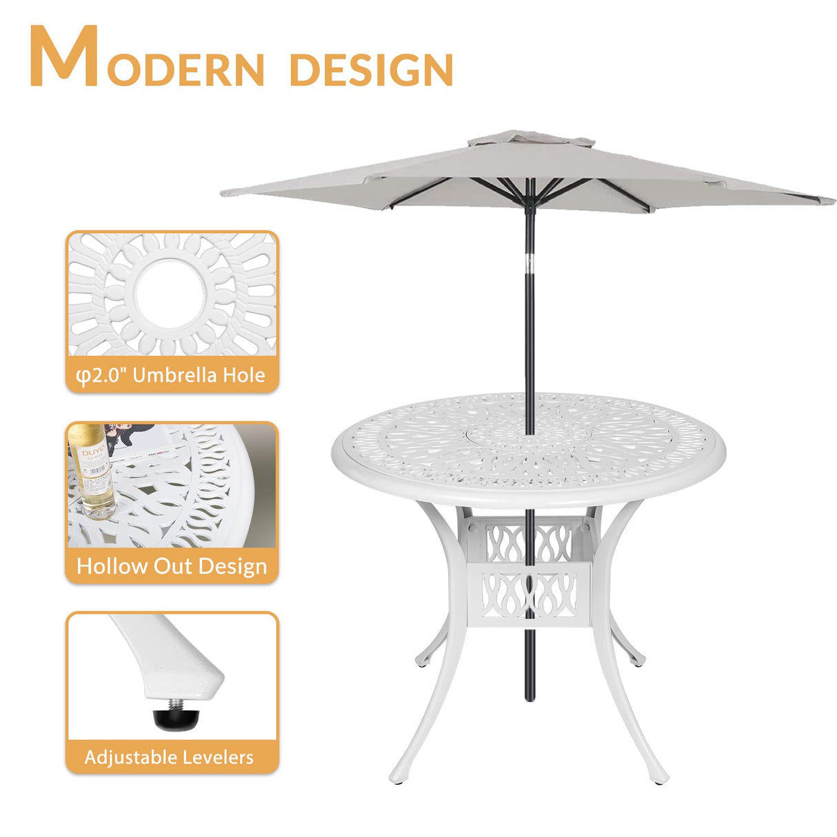 W WARMHOL 5-Piece Outdoor Patio Dining Set, All-Weather Cast Aluminum Patio Furniture Set for Backyard Garden Deck with 4 Chairs, 4 Cushions and 35.4” Round Table, 2.2" Umbrella Hole, White W WARMHOL