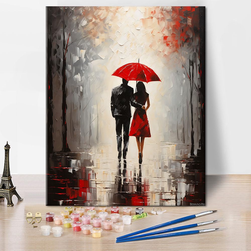 Paint by Numbers for Adults, Adult Paint by Number Kits - Romantic Couple Walking in Rain Under Umbrella, Serene Rainy Street Scene Painting Kit for Beginners - 16x20 Inch TUMOVO