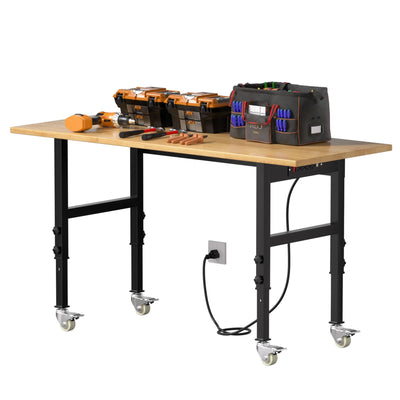 Granper 60" Adjustable Height Workbench, Solid Wood Work Table with Wheels and Power Outlet, 2000 LBS Load Capacity, Heavy-Duty Garage Workbench for Workshop, Office, Home