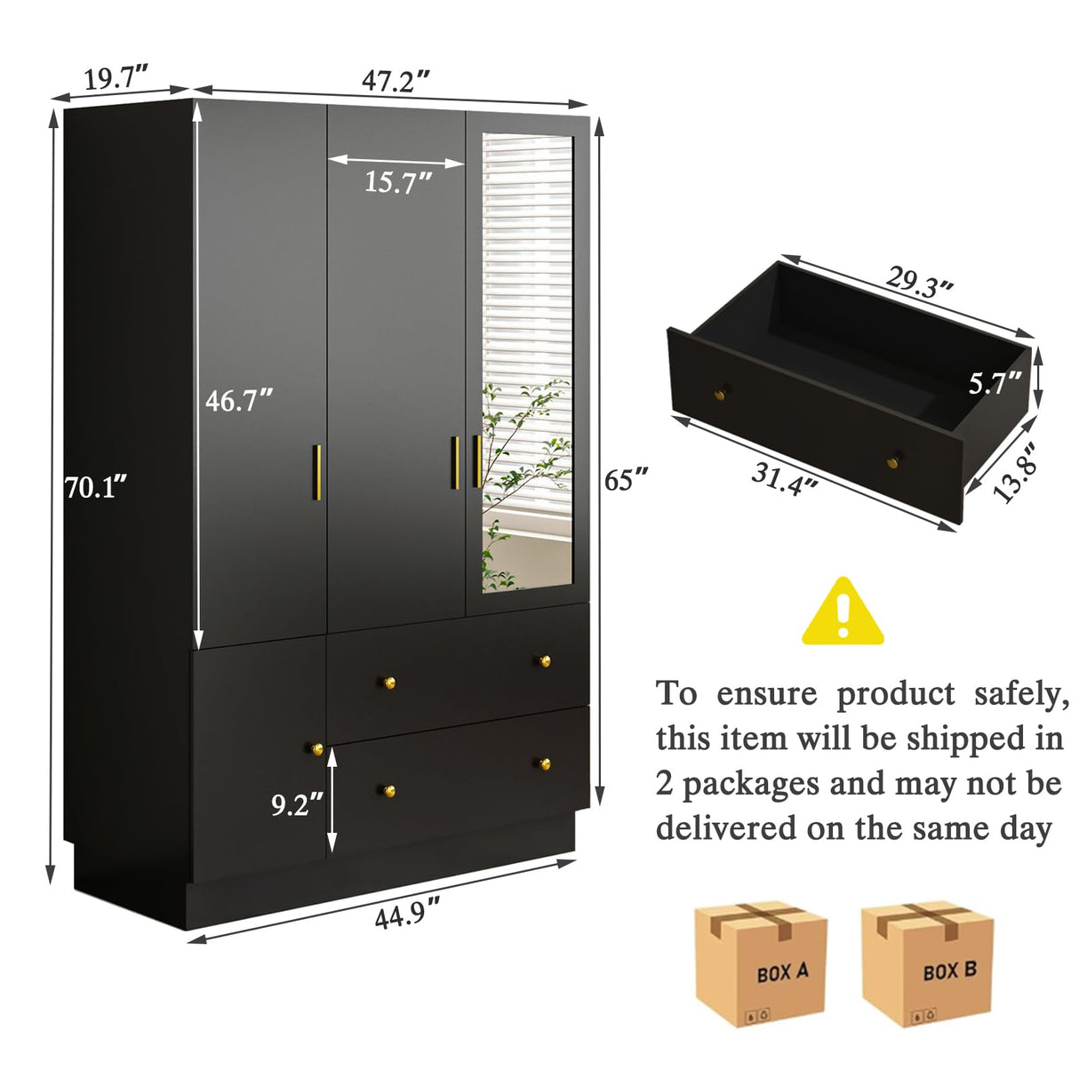 DalyLuxa 3 Doors Armoire Wardrobe Closet with Mirror & Organizers, LED Wooden Bedroom Armoires with Hanging Rod for Bedroom, Black DalyLuxa