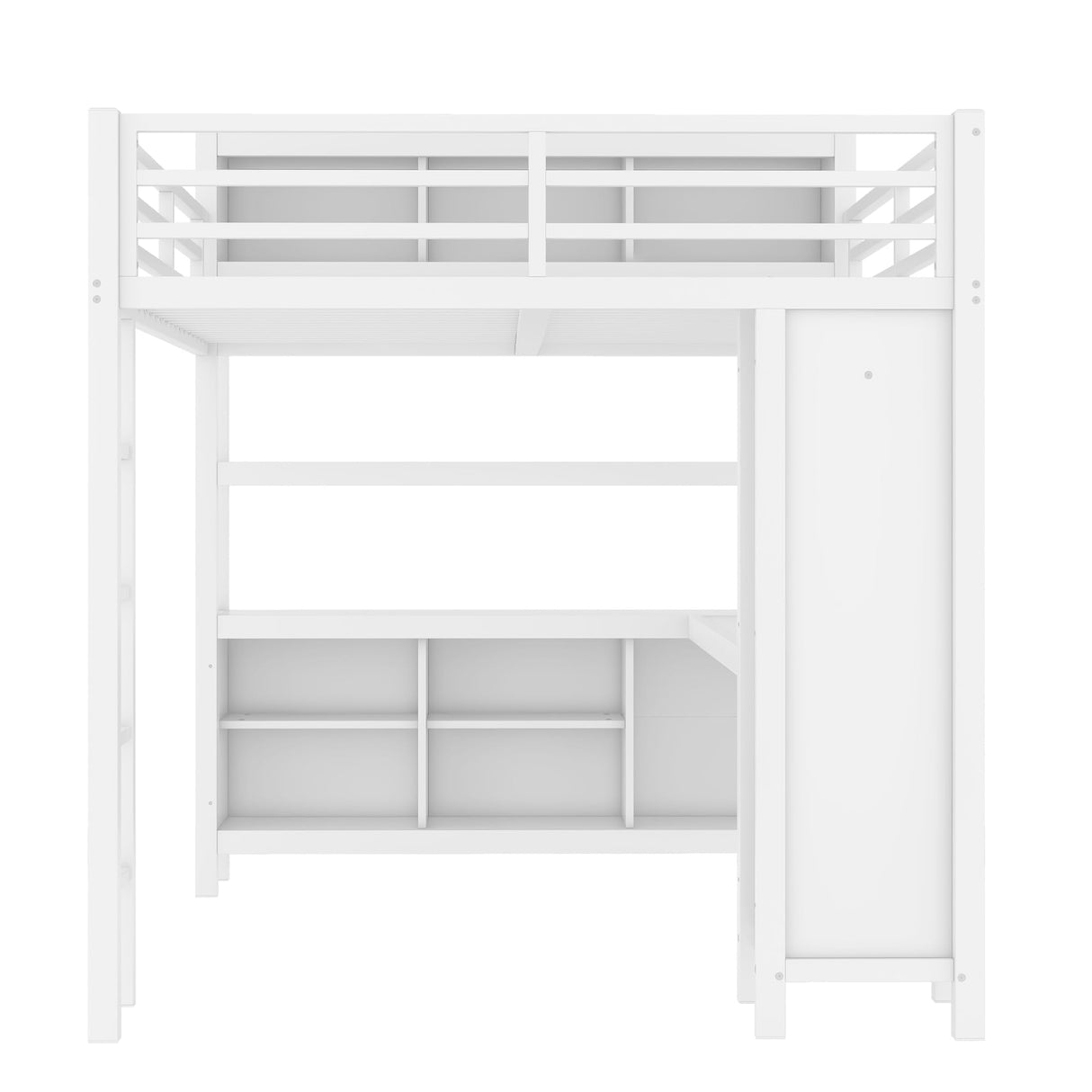 LUMISOL Metal Loft Bed with Wardrobe and L-Shaped Desk, Queen Size Loft Bed with Storage Cubes and Shelves, Heavy Duty Loft Bed for Teens Adults, White LUMISOL
