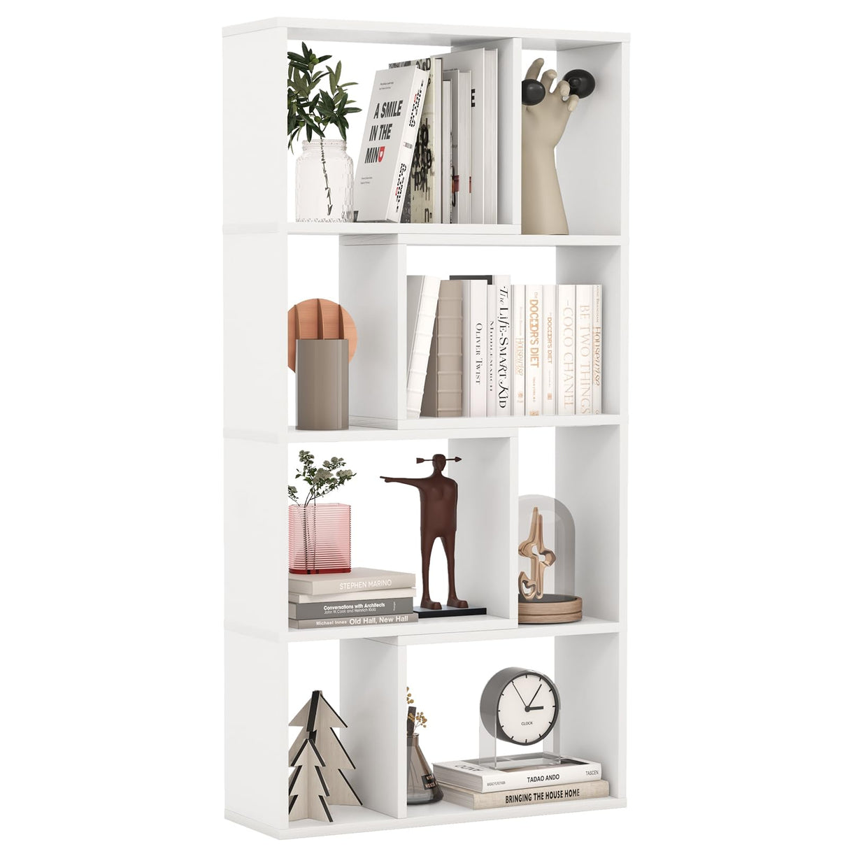 Tangkula 5 Tier Geometric Bookshelf, 48”H Freestanding 8-Cube Open Bookcase, Wooden Storage Display Shelf, 2 Anti-Toppling Devices, 8 Cubes Home Office Decor Room Divider for Living Room (1, White) Tangkula
