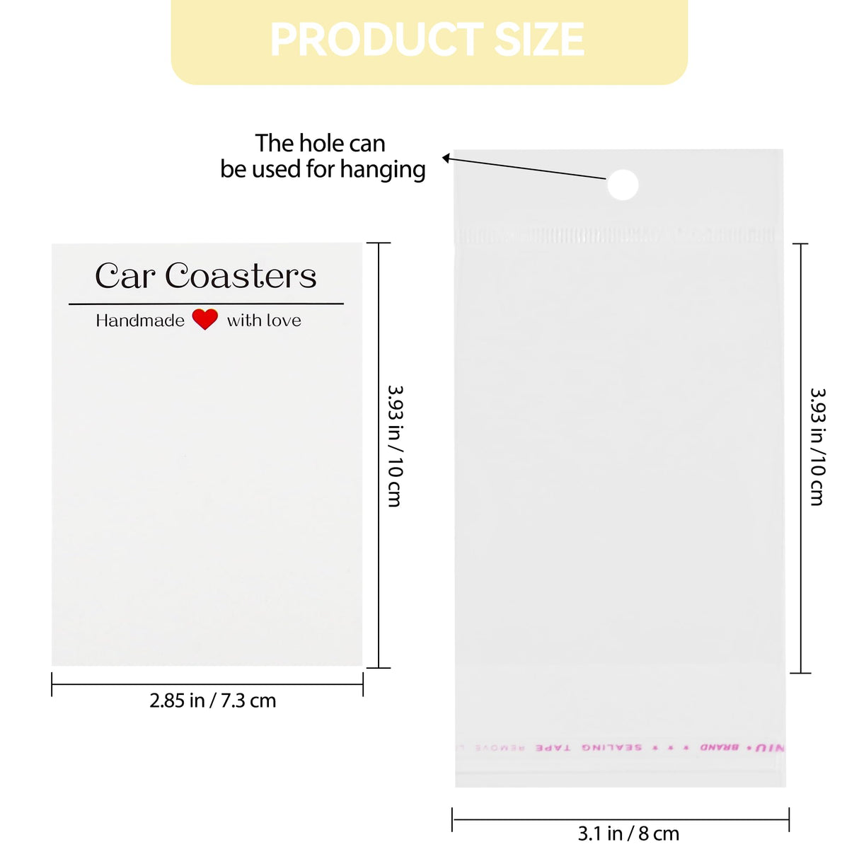 Vcekract 100Pcs Car Coaster Packaging for Selling, Sublimation Car Coasters Cards with 100Pcs Bags, Car Coaster Packaging, Coasters Display Cards 3.93x2.85In, Heat Press Machines Accessories Vcekract