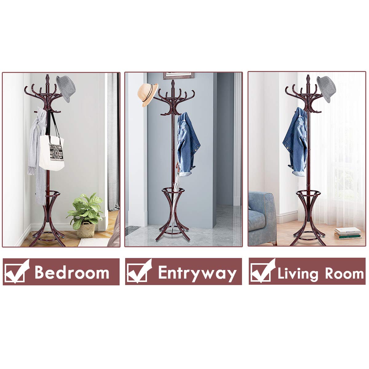 Tangkula 75.5" Standing Coat Rack, Wood Coat Tree with 12 Hooks, Home Hat Jacket Hanger Tree 12 with Umbrella Holder Coat Stand (Brown) Tangkula