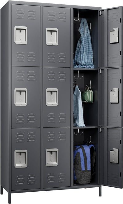 GangMei Metal Lockers for Employees with Loc, Locker Storage Cabinet with 18 Hooks&9 Doors, Steel Storage Locker Cabinet for School, Office, Gym, Bedroom,Assembly Required (Dark Grey)