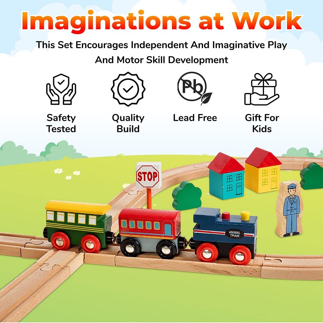 On Track USA Wooden Train Set 35 Piece All in One Wooden Toy Train Tracks Set with Magnetic Trains and Railway Accessories, Comes in A Clear On Track USA