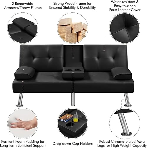 Convertible Folding Futon Sofa Bed Sleeper Couch for Living Room, Modern Faux Leather Upholstered Loveseat w/Removable Armrests, Metal Legs, 2 CupHolders, Love Seat Sofa Bed for Small Spaces (Black) anwickjeff