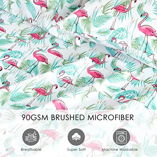 Twin Bed Sheets Set 3PC - Soft Cooling 1800 Thread Count Microfiber Flamingo Plants Boho Printed Sheet, 8 - 17 Inch Deep Pocket Hypoallergenic, Wrinkle Free, Machine Washable Patterned Single Bedding KACEMOO