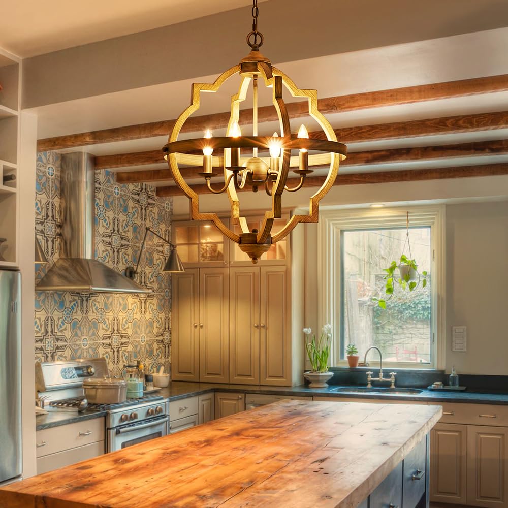 Saint Mossi 4-Lights Farmhouse Chandelier for Dining Room, Rustic Globe Black Chandeliers for Dinging Room, Orb Drum Chandeliers Light Fixtures, H22 x D20, Wood Grain Metal Frame SM Saint Mossi