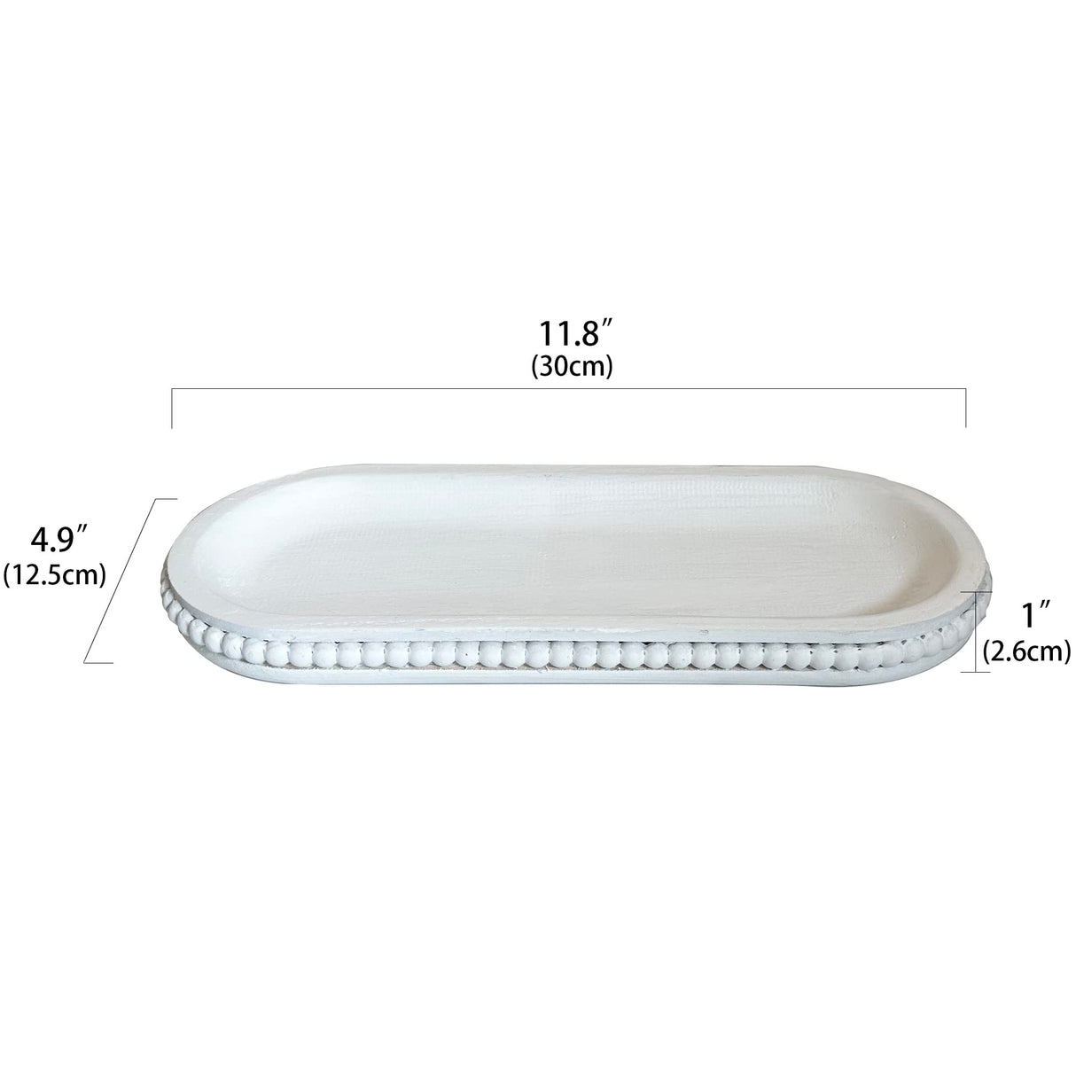 dwellington Wooden Farmhouse Decorative Tray, 12in Rustic Beaded Tray for Living Room Decor, Kitchen Table Décor, Oval Coffee Table Serving Tray (White) dwellington