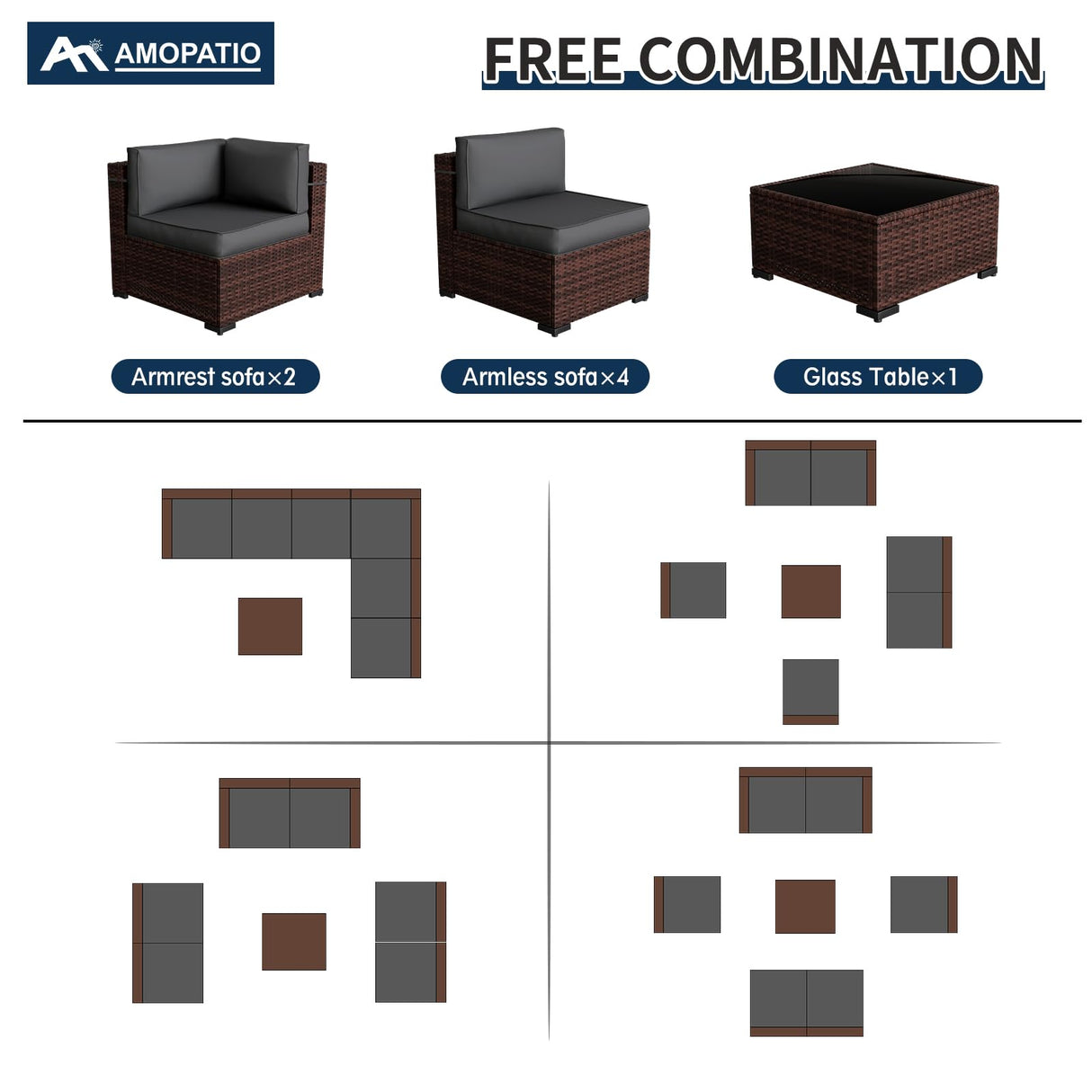 Amopatio 8 Pieces Patio Furniture Set Outdoor with Gas Fire Pit Table, PE Wicker Pit Conversation Set, 44" Gas Fire Patio Sectional Furniture with Grey Cushions, Coffee Table, Waterproof Covers Amopatio