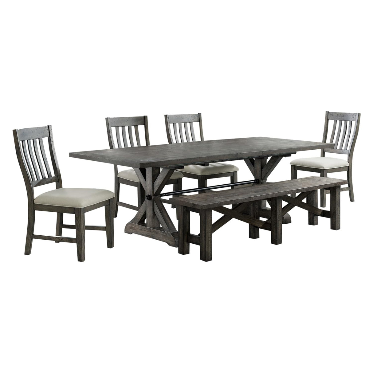 HomeStock 6 Piece Dining Set with Bench, 96" Rectangular Extendable Table, 4 Upholstered Side Chairs, Distressed Gray Wood, Seats 8 HomeStock