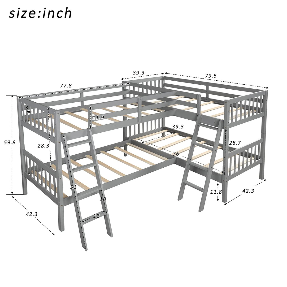 Harper & Bright Designs L Shaped Bunk Bed for 4, Quad Bunk Bed Twin Size, Wooden Bunk Bed Frame for Kids Teens Adults - Gray Harper & Bright Designs