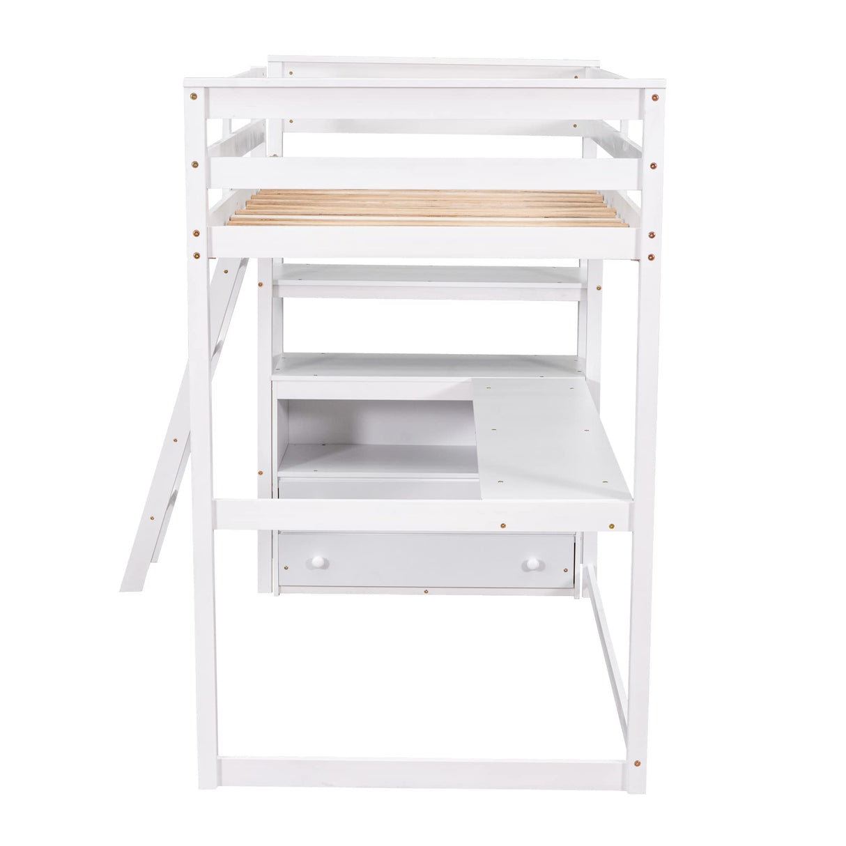 Merax Twin Loft Bed, Twin Size Loft Bed with Desk, Wood Loft Bed Frame with Shelves and 2 Built-in Drawers, No Box Spring Need, White Visit the Merax Store