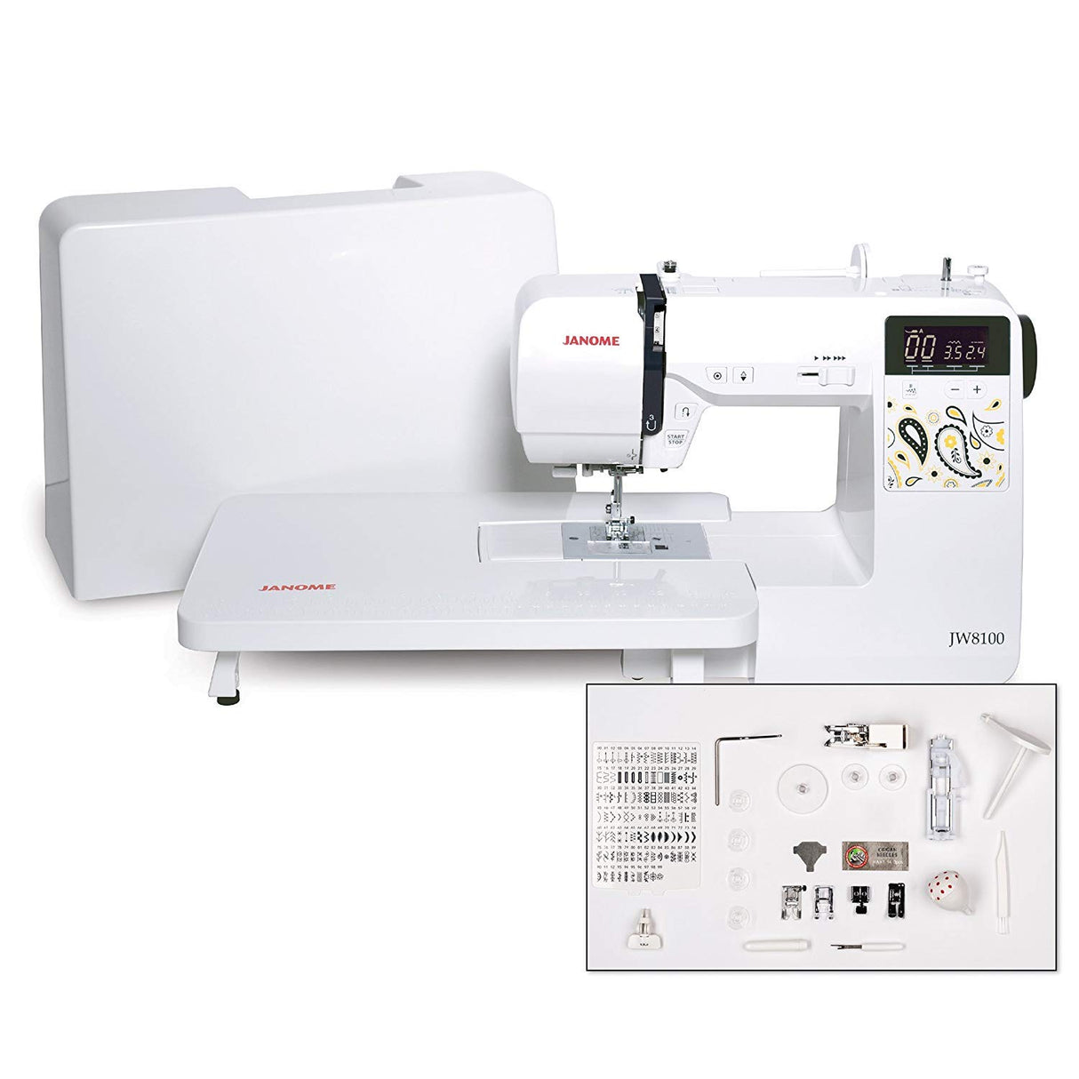 Janome JW8100 Fully-Featured Computerized Sewing Machine with 100 Stitches, 7 Buttonholes, Hard Cover, Extension Table and 22 Accessories Janome