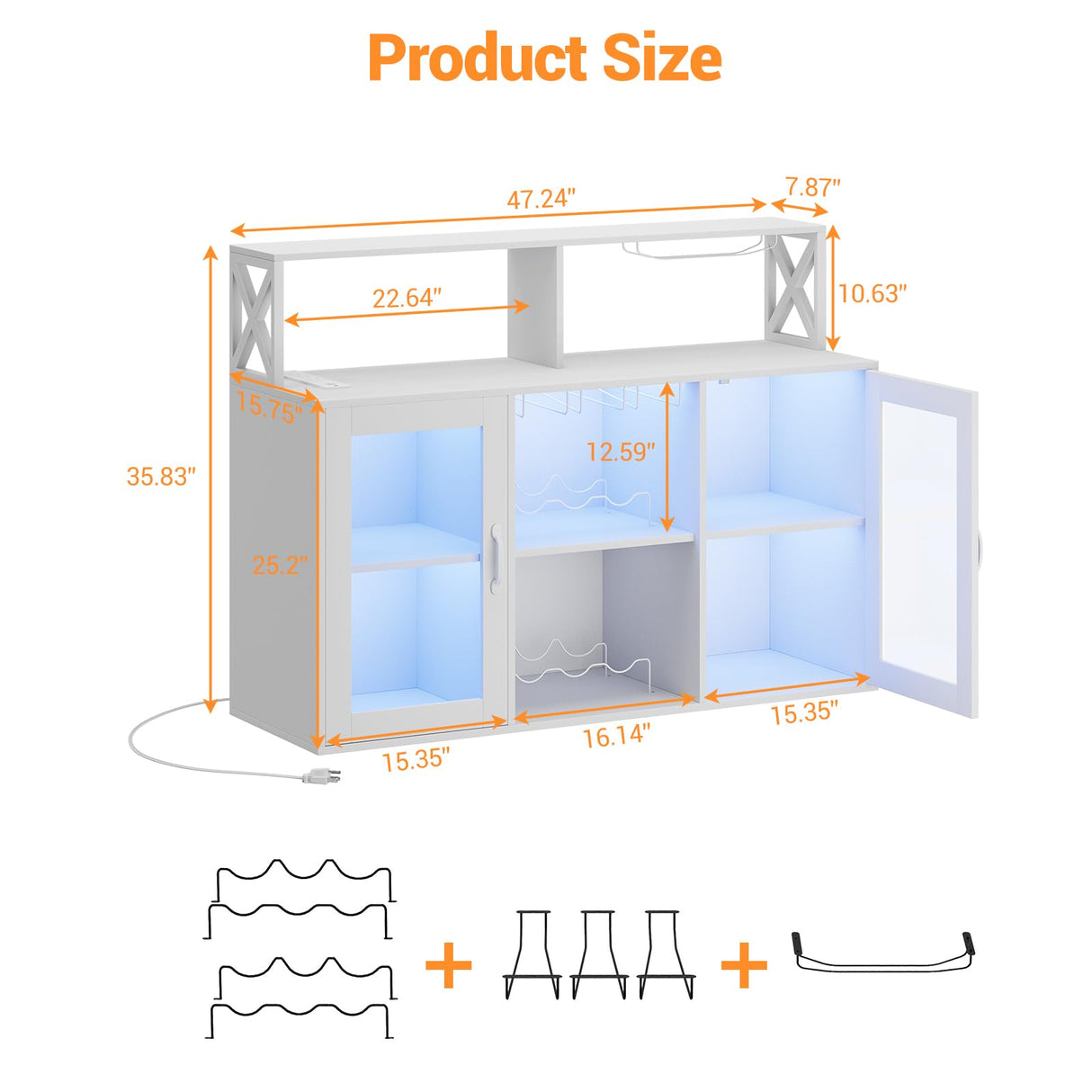 Curtainboro Wine Bar Cabinet, Farmhouse Liquor Cabinet with Led Light and Power Outlets, Bar Cabinet for Home with Wine Racks and Glass Holder for Kitchen, Dining Room, Living Room, White Curtainboro