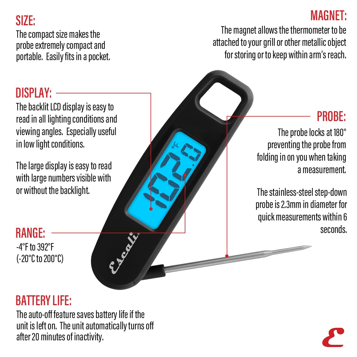 Escali Compact Portable Meat Candy Folding Digital Thermometer, Backlit Display Easy to Storage with Magnet, Black Escali