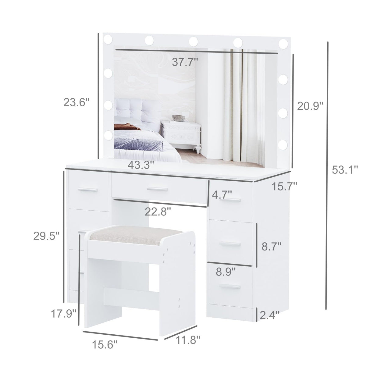 Irontar Vanity Desk with Stool, Makeup Table with Lighted Mirror, 3 Color Lighting Modes, Brightness Adjustable, Dressing Table with Drawers, Vanity Table Set for Women, White WDT004WD Irontar