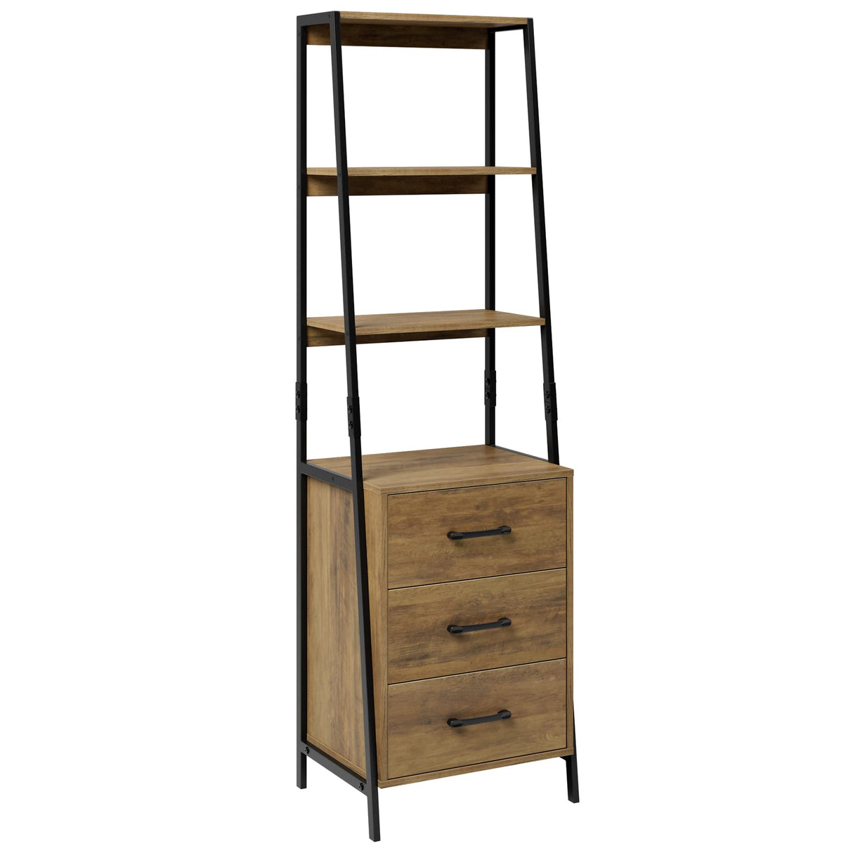 HITHOS 4-Tier Rustic Brown Ladder Bookshelf with 3 Wooden Drawers HITHOS