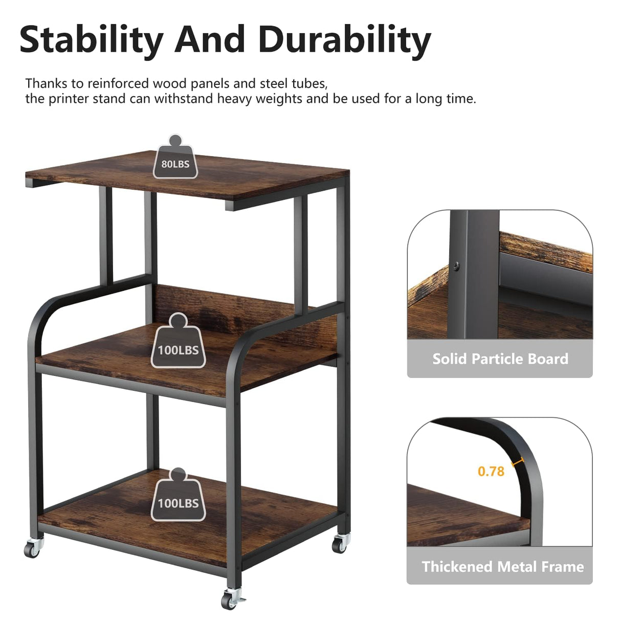 EasyCom 20''x15.7''Large Printer Stand-3 Tier Printer Table with Wheels- Printer Storage Cart- Rolling Printer Cart with Storage Shelf for Printer Scanner Fax Home Office Use- Rustic Brown EasyCom