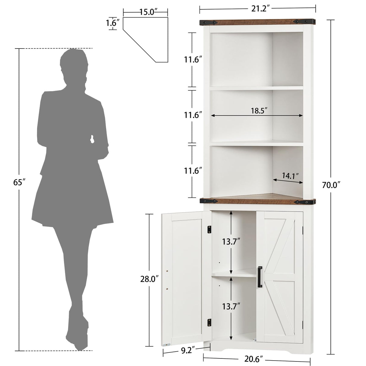 TEENFON Farmhouse Corner Cabinet, 70" H Tall Corner Hutch with 5 Shelves & 2 Barn Doors, Bathroom Cabinet with Adjustable Shelf, for Living Room, Kitchen, Bathroom, White TEENFON