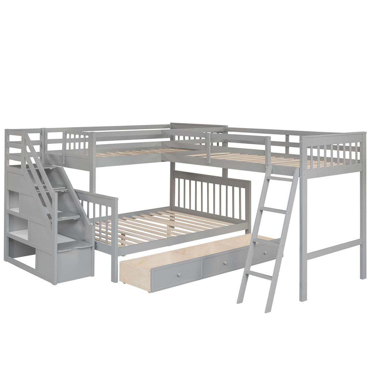 Bellemave L-Shape Triple Bunk Beds with Stairs and Storage Drawers Twin Over Full Bunk Bed Attached a Loft Bed with Drawers Wood Corner Bunked for 3 Kids Boys Girls Teens, Gray Bellemave
