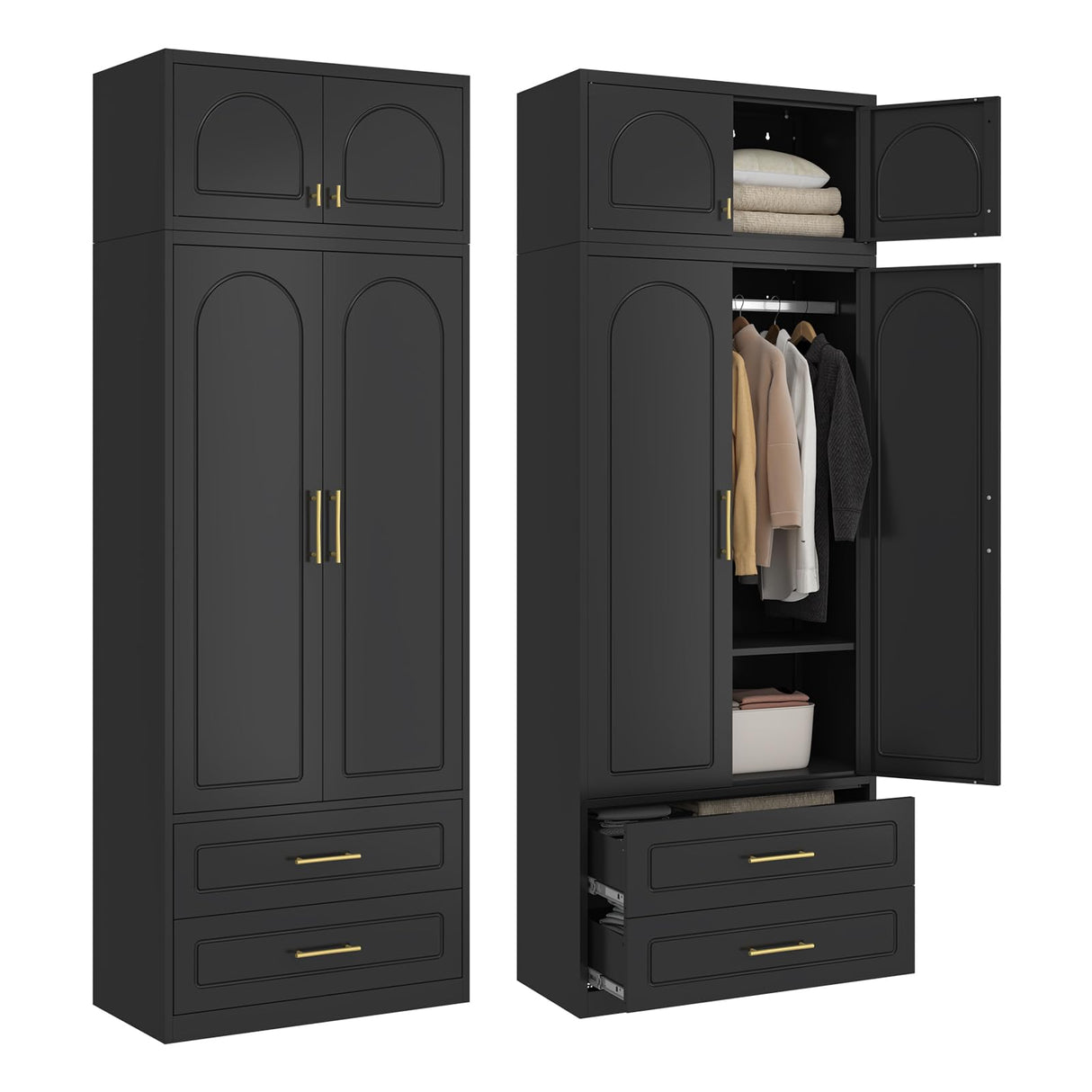 SteeLoong 86" Metal Armoire Wardrobe Closet with 2 Drawers,Tall Clothing Storage Cabinet with Adjustable Shelves and Hanging Rod,Black Wardrobe Closet for Bedroom,Home,Office,Gym SteeLoong
