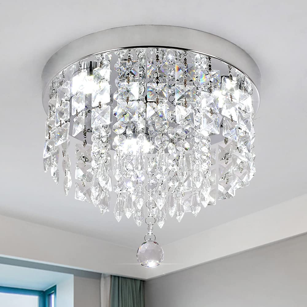 Deckrico Crystal Chandelier Modern Led Ceiling Light Flush Mount Stainless Steel Fixture Beaded Light Shade for Bedroom Dining Room Hallway Porch (White Light) Deckrico