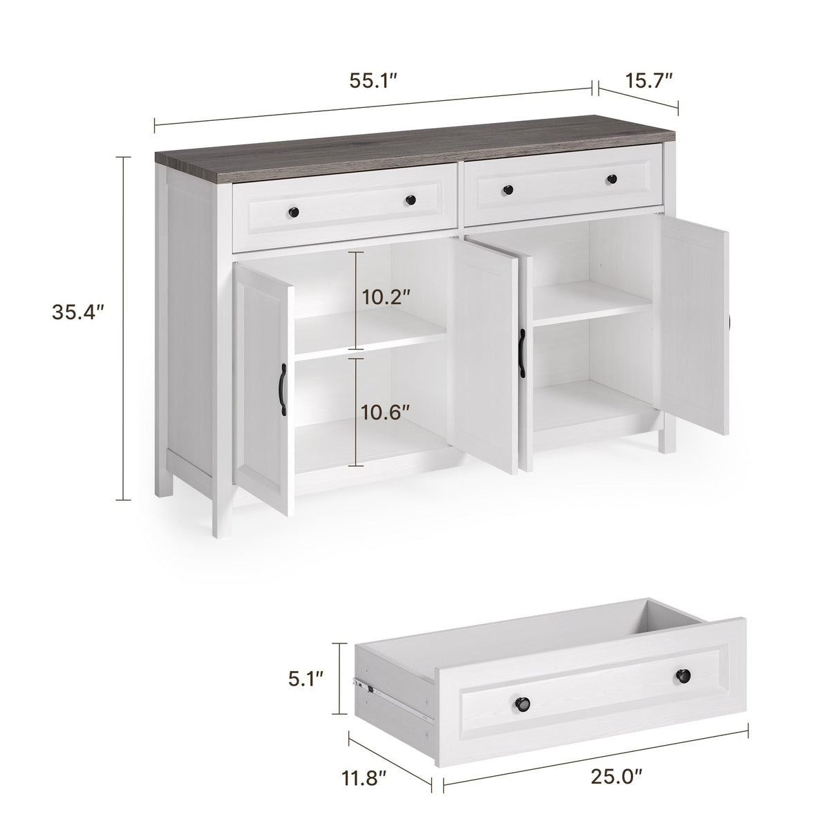 Gizoon Farmhouse Kitchen Sideboard Buffet Cabinet with Storage, Wood Coffee Bar and Storage Sideboard with Drawers and Doors for Kitchen, Dining Room, 15.7" D x 55.1" W x 35.3" H, White/Rustic Brown Gizoon