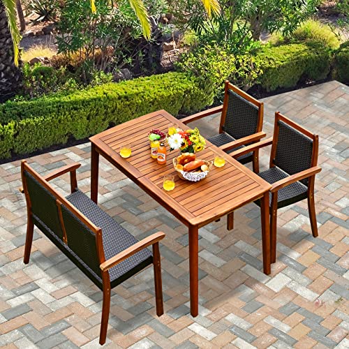 Tangkula 4 Pieces Patio Dining Set for 4, Patiojoy Space-Saving Outdoor Acacia Wood Dining Table and PE Rattan Chairs Set with 1.9” Umbrella Hole, for Garden, Backyard, Deck, Poolside, Balcony Tangkula